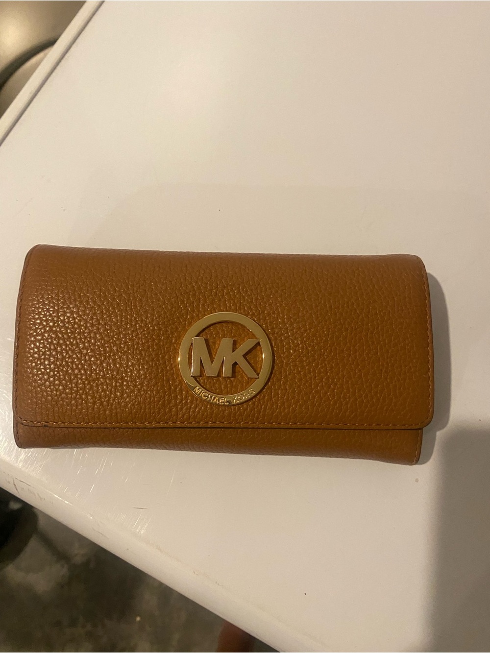 Michael Kors Caramel Pebbled Leather Continental Wallet with Gold MK Emblem